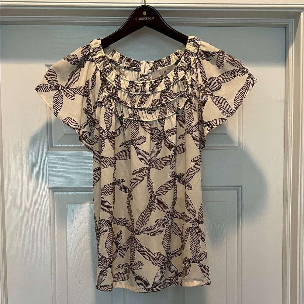 LOFT Cream Blouse XL with Black Leaf Print and Ruffled Yoke